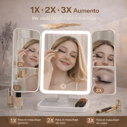 Espejo de maquillaje triple con luces led