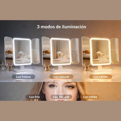 Espejo de maquillaje triple con luces led