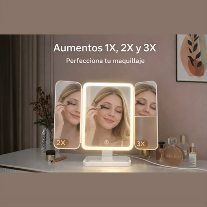 Espejo de maquillaje triple con luces led