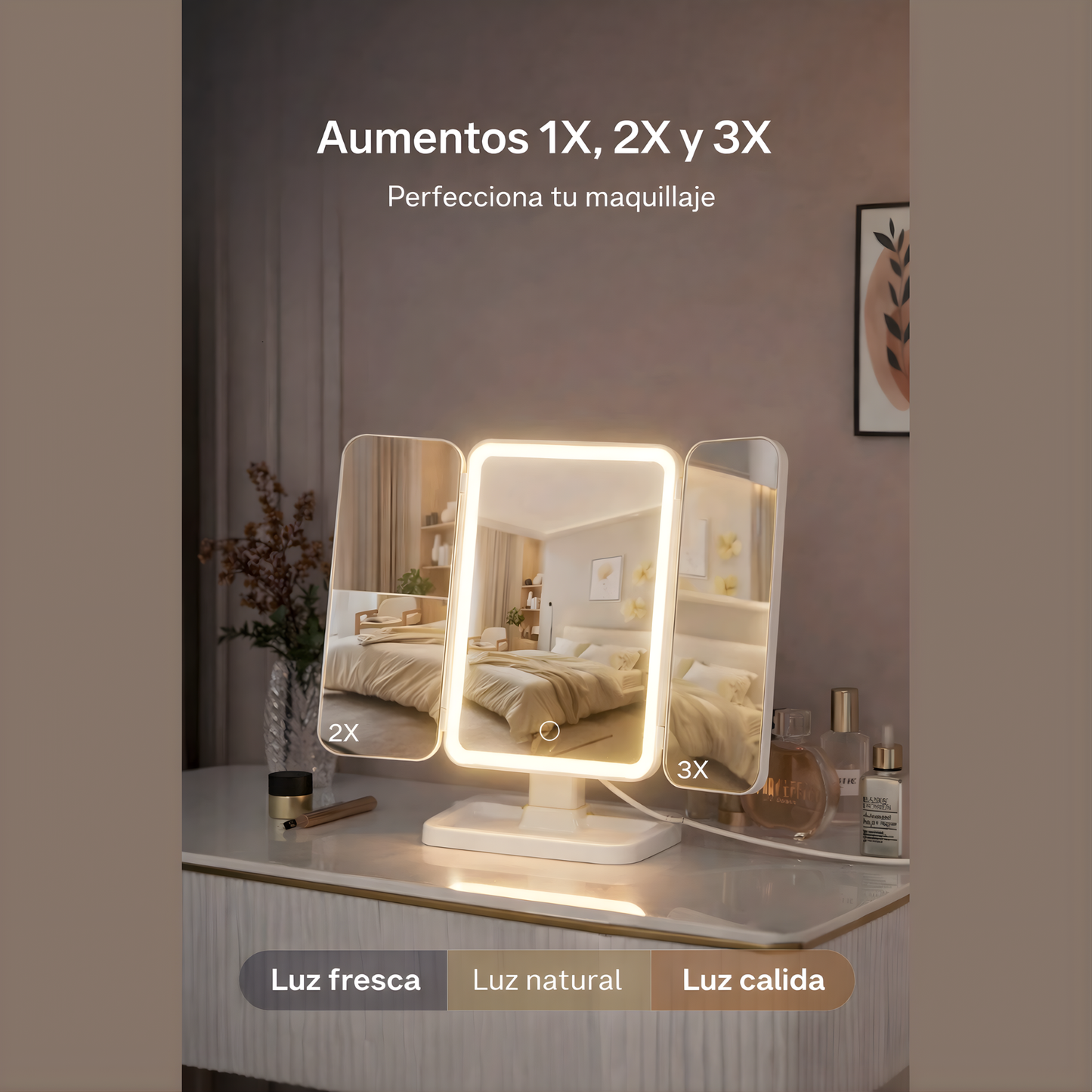 Espejo de maquillaje triple con luces led