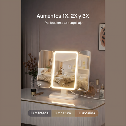 Espejo de maquillaje triple con luces led